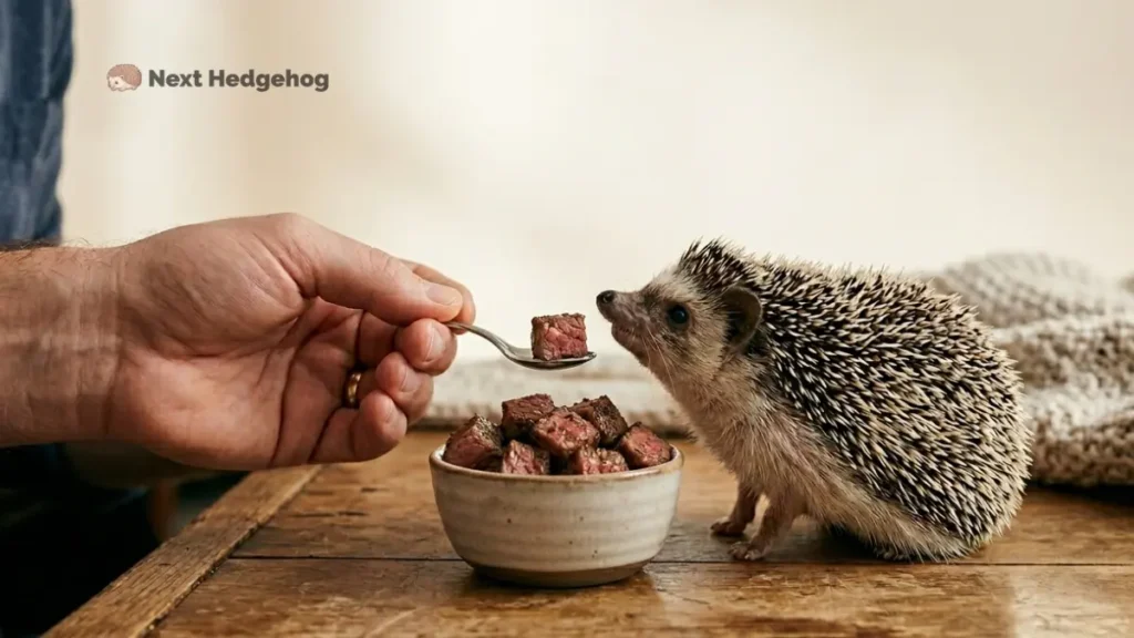 hedgehog owner feeding meat to headgehog